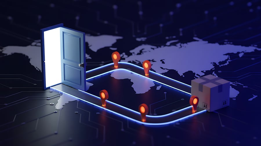 Order routing process illustration showing intelligent fulfillment decisions across multiple inventory locations and distribution networks.
