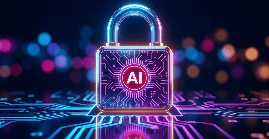 Digital padlock with glowing artificial intelligence symbol on a vibrant circuit board, depicting advanced data protection technology.