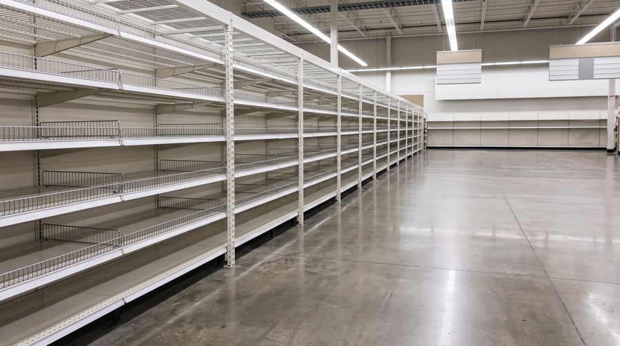 Empty store display shelves, illustrating out-of-stock or unfulfilled inventory.