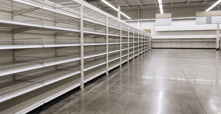 Empty store display shelves, illustrating out-of-stock or unfulfilled inventory.