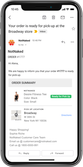 Ready-for-pickup email showing the customer’s item, Broadway store address, and a directions link.