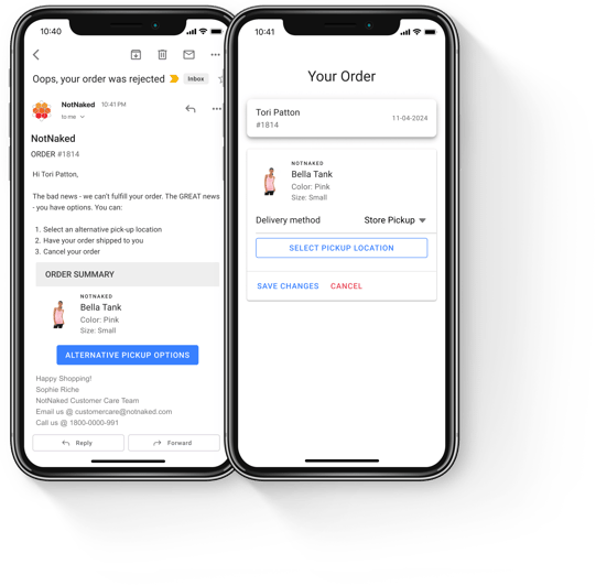 Pickup rejection email offering another store, home delivery, or cancellation, alongside a screen for changing the pickup location.