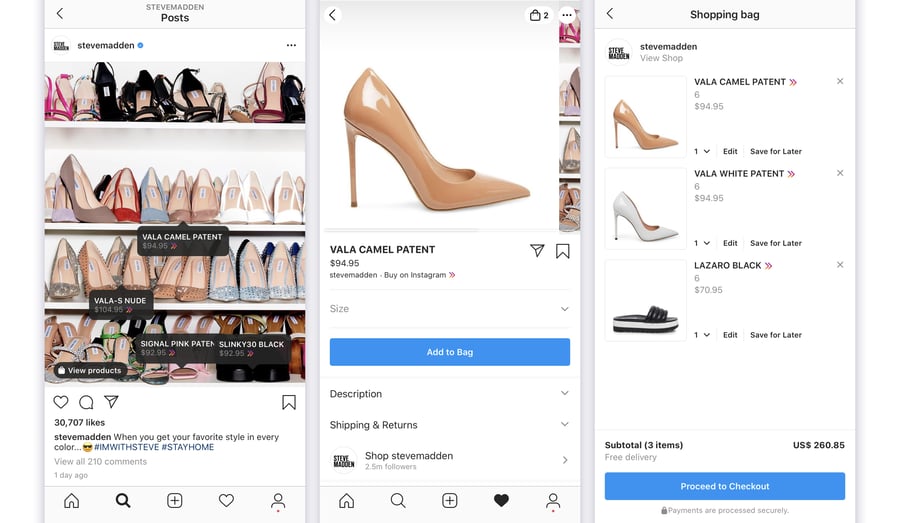 Three mobile screenshots showing Steve Madden's Instagram shop posts, a product details page for high heels, and an online shopping cart preview.