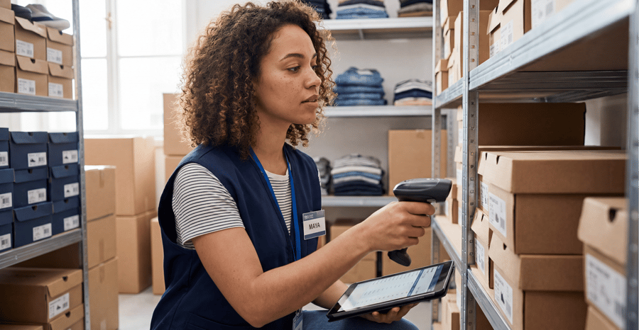 A store employee auditing packaged inventory in a stockroom, representing the physical Quantity on Hand (QOH) behind online store availability.