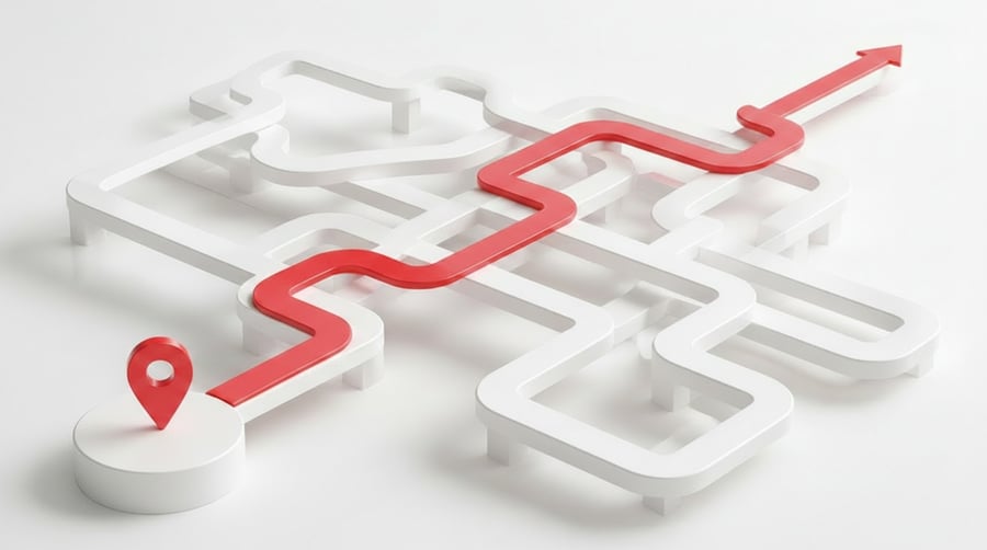 3D illustration of bright red arrows navigating through a white 3D maze, symbolizing order routing and process decisions.