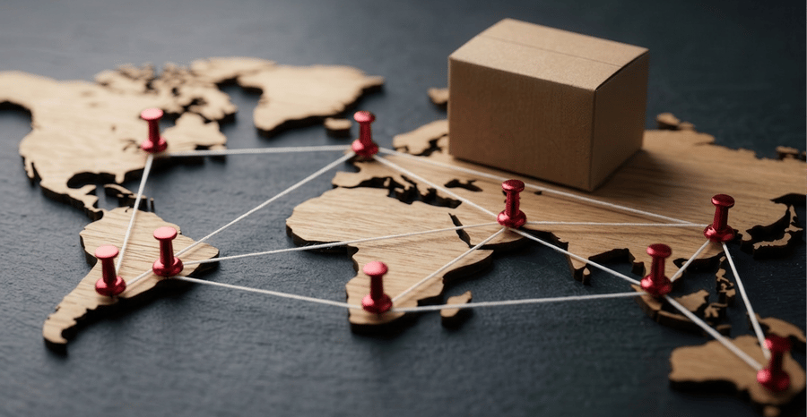 A global fulfillment network connecting warehouses, stores, and distribution centers to evaluate eligible locations for order assignment.