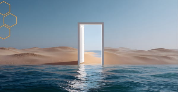 An open white door standing in a landscape of ocean water and desert sand dunes under a clear blue sky, symbolising transition to Omnichannel Order Management System (OMS).