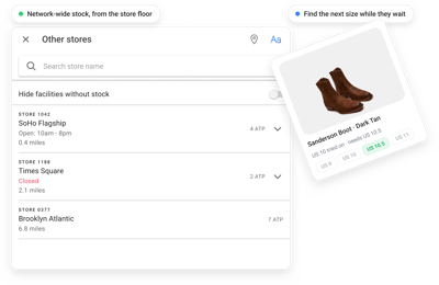 Endless aisle lookup showing which store location has the next footwear size available