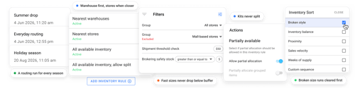 Footwear order routing rules with seasonal runs, safety stock filters and split shipment controls