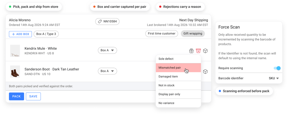 Footwear ship from store fulfillment with barcode scan verification and configurable rejection reasons