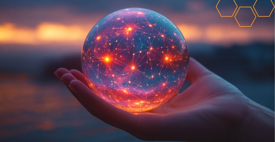 A glowing network sphere in hand symbolizing emerging retail technology trends, unified commerce and what lies ahead in 2026
