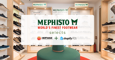 Mephisto footwear display with the HotWax Commerce Store Inventory Management logo
