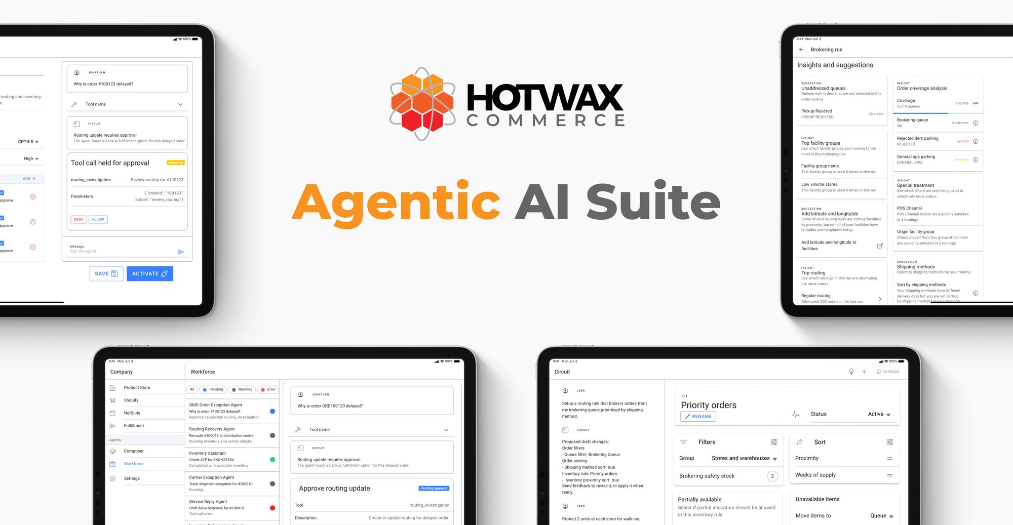 HotWax Commerce Agentic AI Suite shown on tablet screens, press release banner