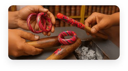 Artisan hand-crafting colorful, traditional lac bangles