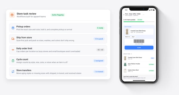 HotWax Commerce store fulfillment app for apparel, scan-first picking, pickup preparation, and store-to-store transfers by size, color, and style