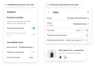 Order routing settings that keep luggage accessories with the main order and park unfulfilled items instead of splitting the shipment