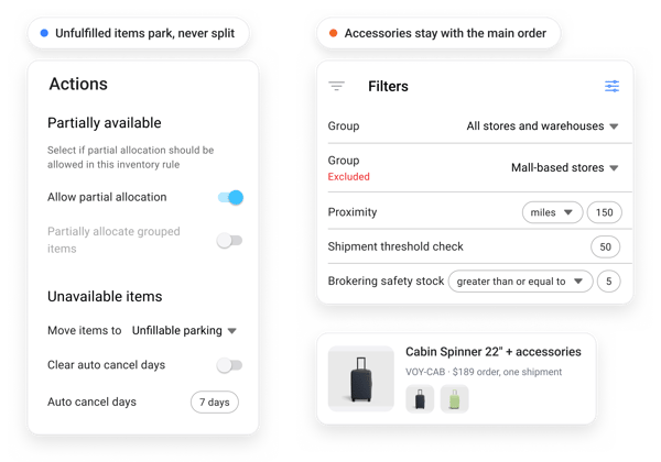Order routing settings that keep luggage accessories with the main order and park unfulfilled items instead of splitting the shipment