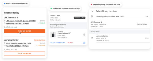 Store pickup for luggage, reserving the exact case at a nearby store, checking shell, wheels and lock before handover, and rerouting a rejected pickup to another location