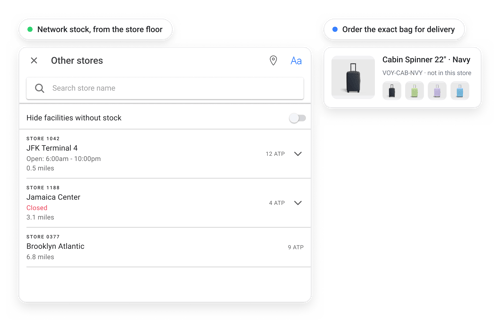 Endless aisle lookup showing which nearby store holds the bag in stock so an associate can order it for delivery