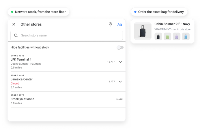Endless aisle lookup showing which nearby store holds the bag in stock so an associate can order it for delivery