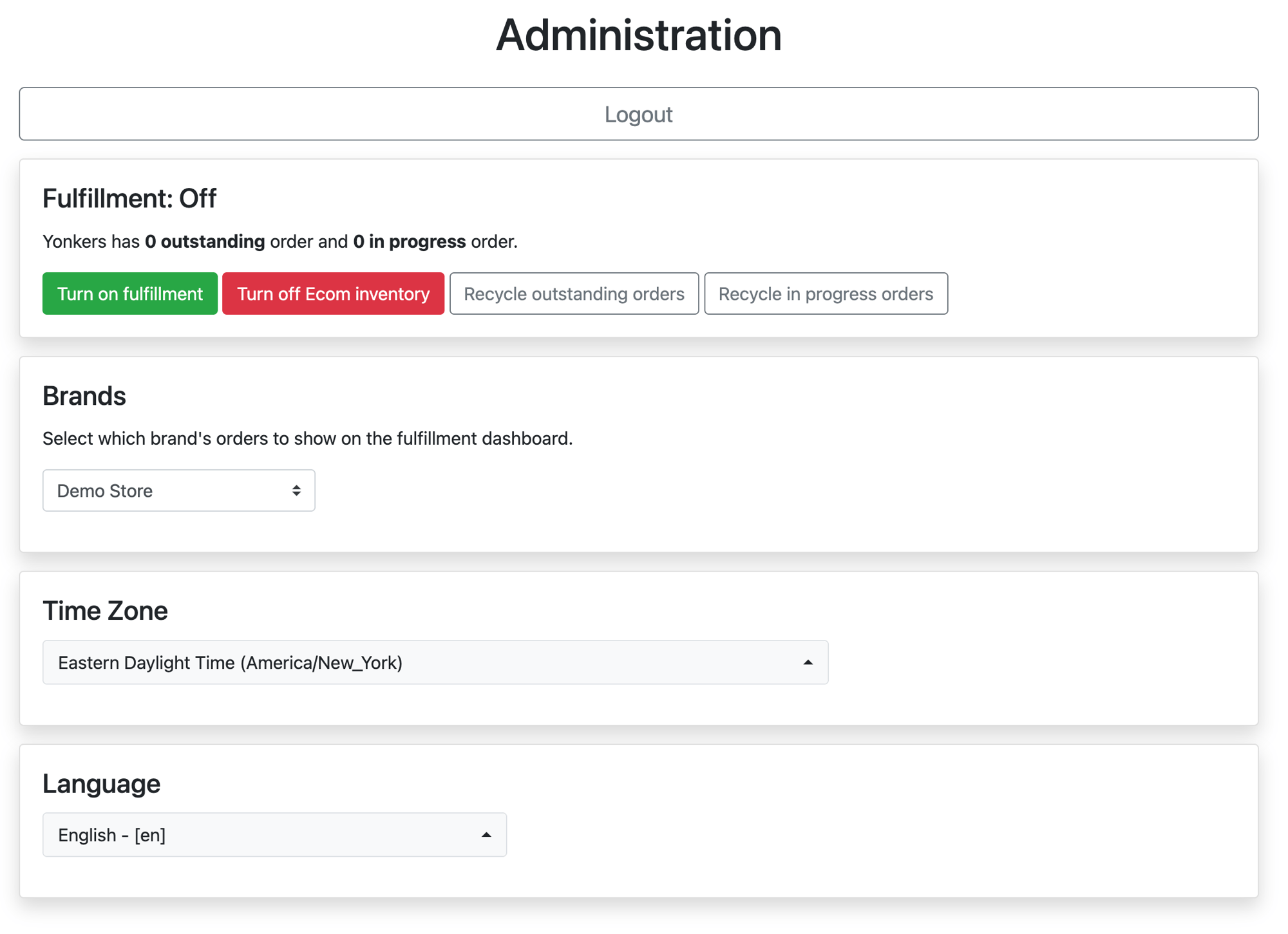 Admin page of Store Fulfillment App