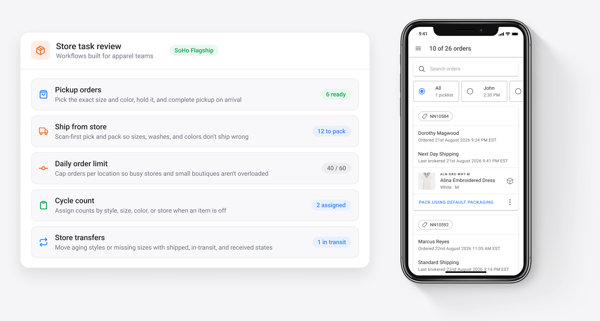 Store team app for apparel with in-progress ship from store orders and packing options