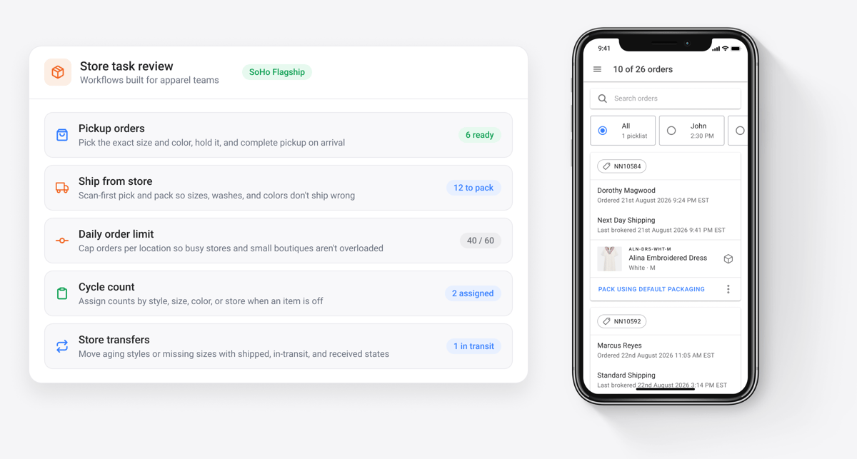 Store team app for apparel with in-progress ship from store orders and packing options