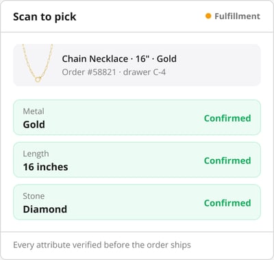 HotWax Commerce barcode scan-to-pick verification confirming metal, ring size, and style before packing jewelry
