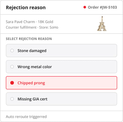 HotWax Commerce jewelry damage and quality rejection reasons screen placing a piece on hold and rerouting the order