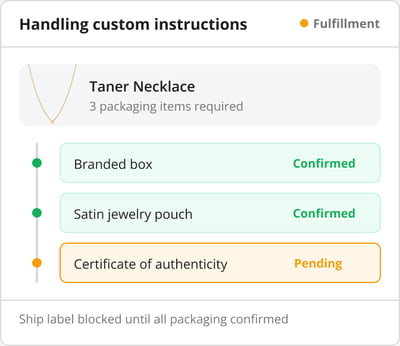 HotWax Commerce jewelry gift packaging pick checklist showing branded box, satin pouch, and certificate of authenticity required before the order can ship
