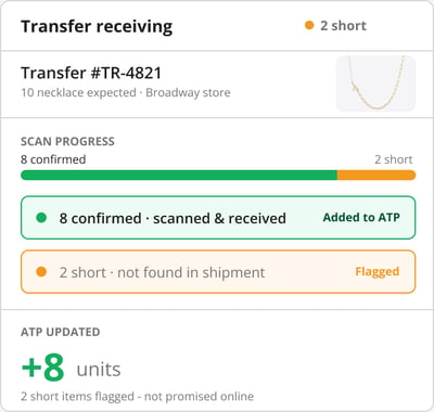 HotWax Commerce store inventory scanner receiving and transfers screen reconciling jewelry stock