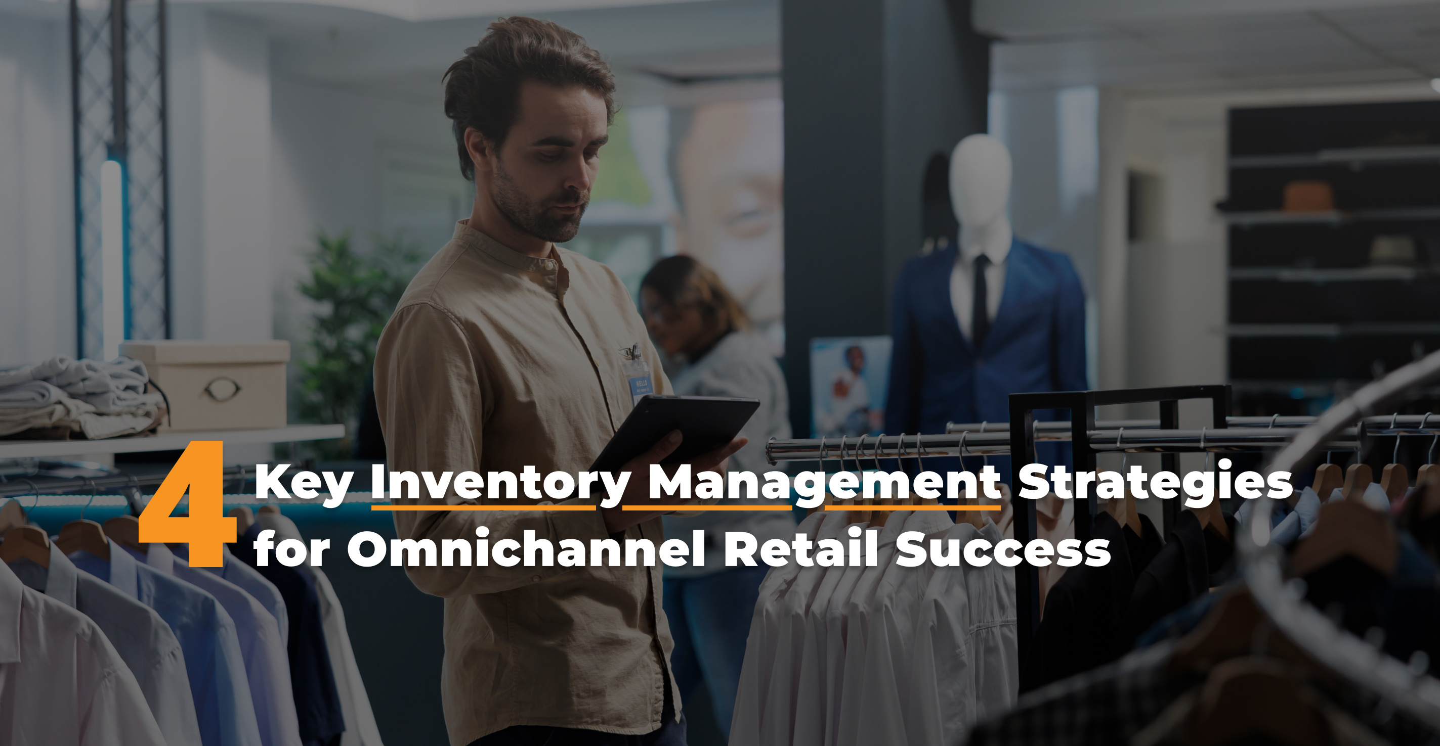 Store associate checking omnichannel inventory on a tablet between clothing racks in a retail store