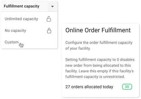Store fulfillment capacity set to custom with 27 of 30 orders allocated, a fulfillment limit in inventory management
