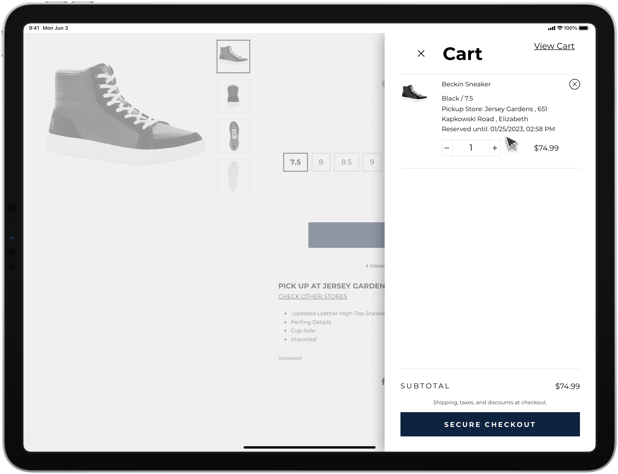Tablet showing a sneaker product page with the cart open, a cart abandonment risk in Shopify local pickup