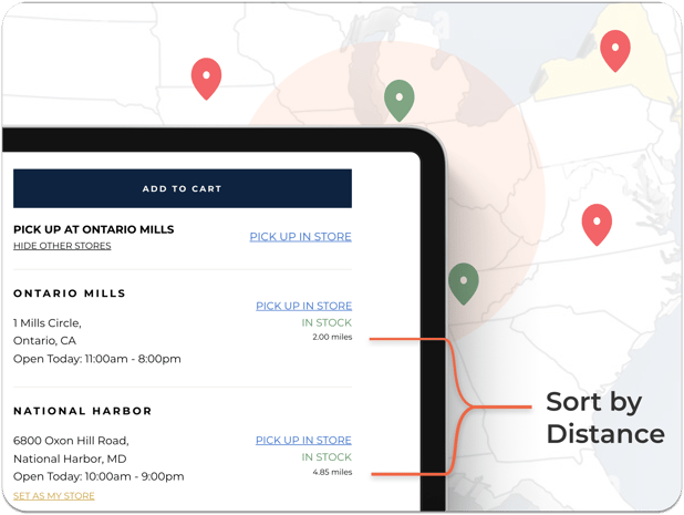 Store locator on a product page sorting pickup stores by distance, a Shopify local pickup experience