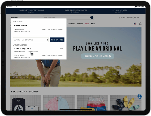 Store website header with a My Store selector showing the chosen pickup store, its hours and nearby stores
