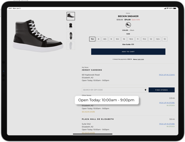 Product page listing pickup stores with today's opening hours for Shopify local pickup