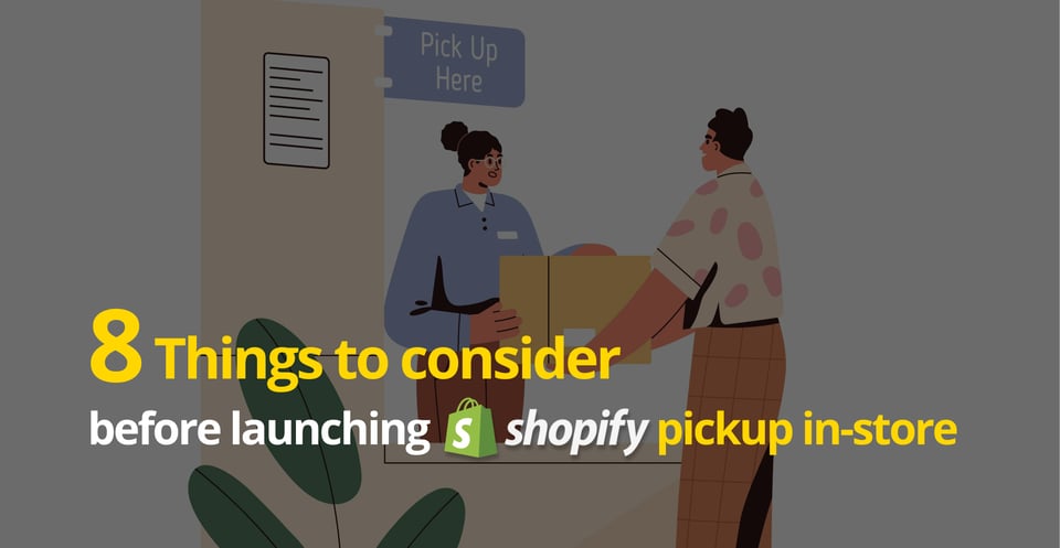 Store associate handing a boxed Shopify BOPIS order to a customer at a Pick Up Here counter