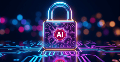 Glowing AI symbol on a padlock over a circuit board, for trusting an AI agent with real orders