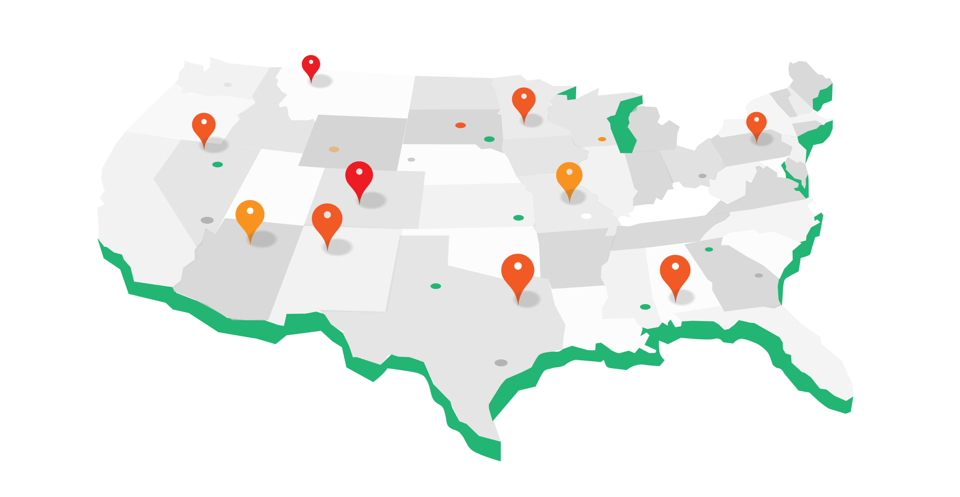 Map of the US with store pins, configurable order routing for omnichannel retail operations
