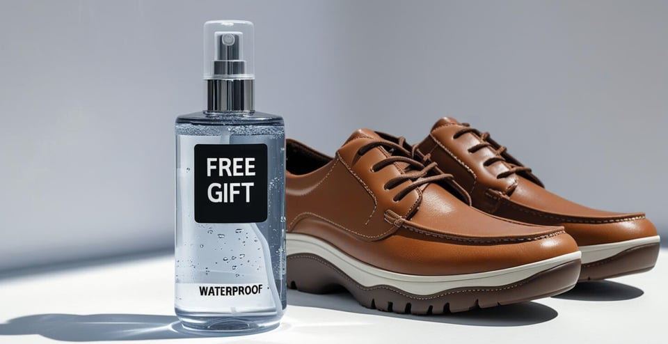 Free gift with purchase: a fragrance bottle labeled free gift next to a leather shoe