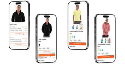 Four phone screens of product detail pages for jackets and hoodies with stock and pickup details
