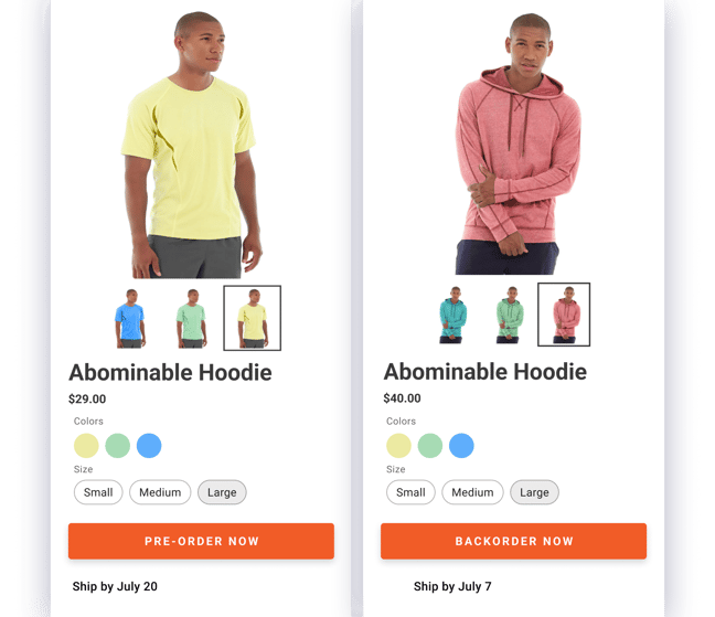 Product detail page with pre-order and backorder buttons and ship by dates