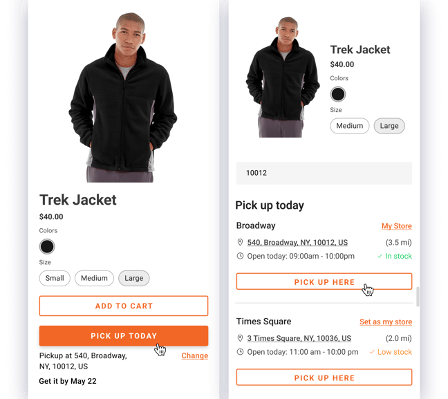 Product detail page with store pickup options and pick up today buttons