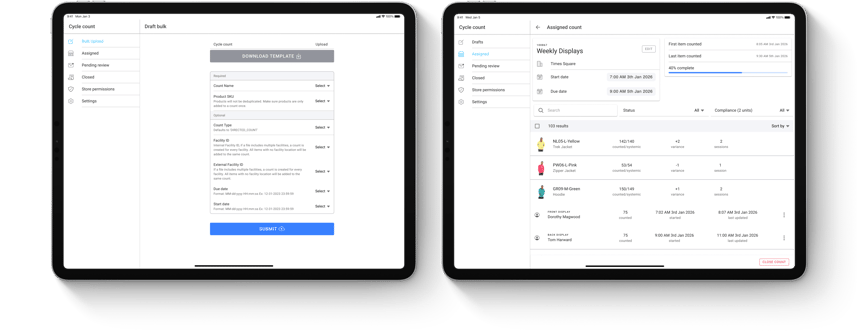 Retail ops assigning cycle counts to stores and tracking progress across the network