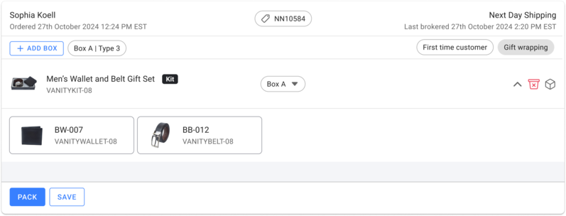 HotWax order screen for a wallet and belt gift set, fulfilling kit products in Shopify and NetSuite