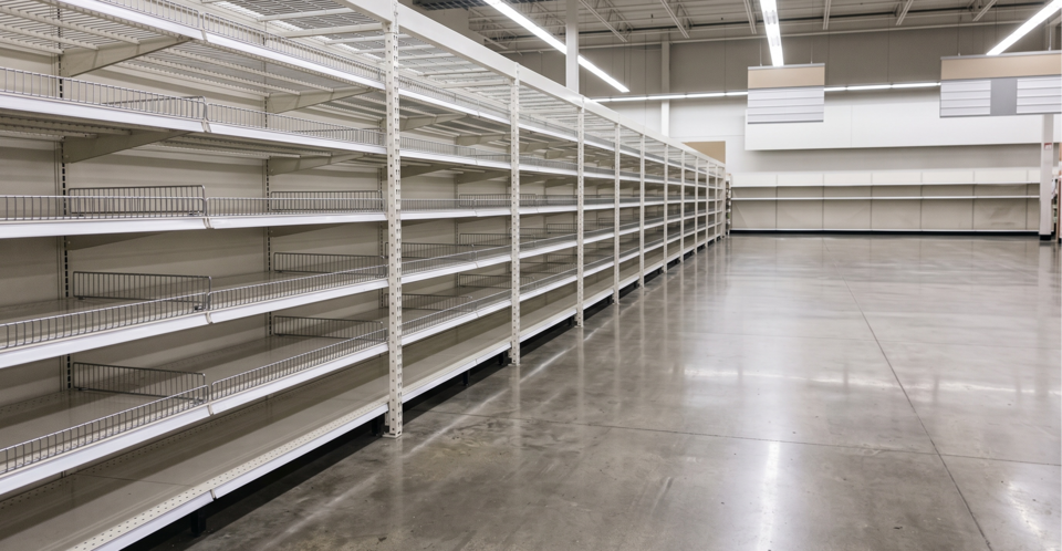 Empty store display shelves, the result when real-time inventory publishes stock that is not sellable