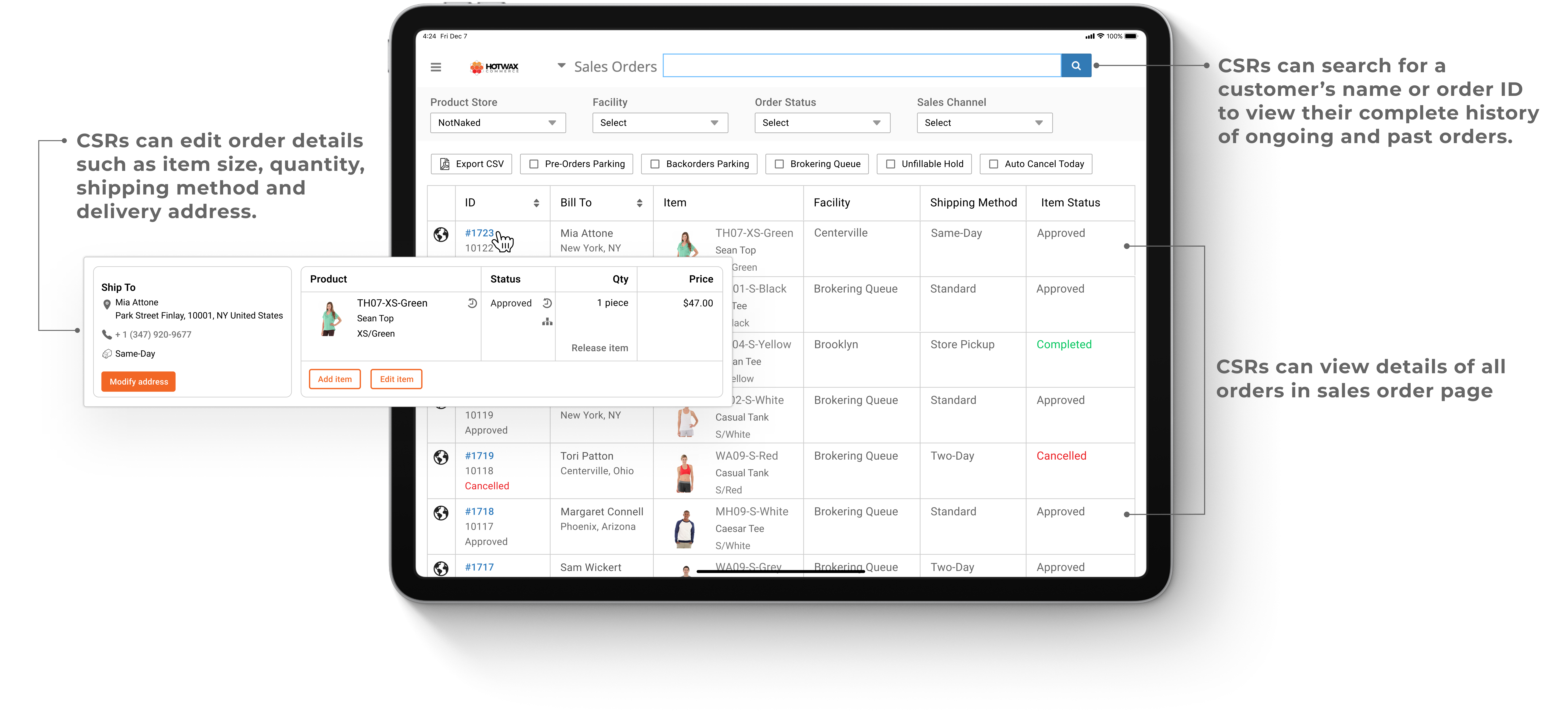 Sales order view that customer service reps use in the holiday season