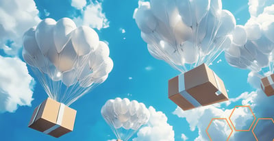 Cardboard parcels floating on white balloons across a blue sky, illustrating the same-day order fulfillment checklist