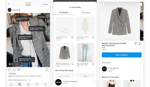 Instagram shoppable post from Express showing tagged products, product details and a View on Website button